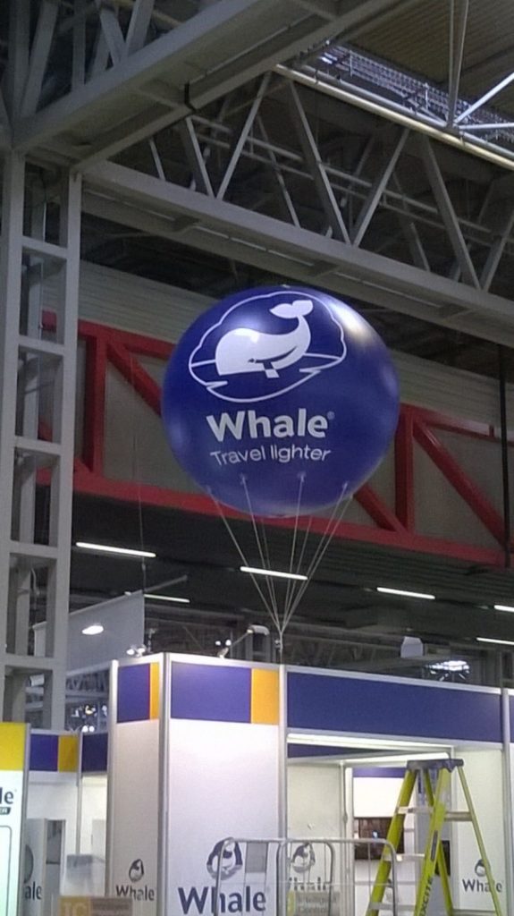 Inflatable sphere above Whale Pumps stand at the Caravan and Camping show at the NEC
